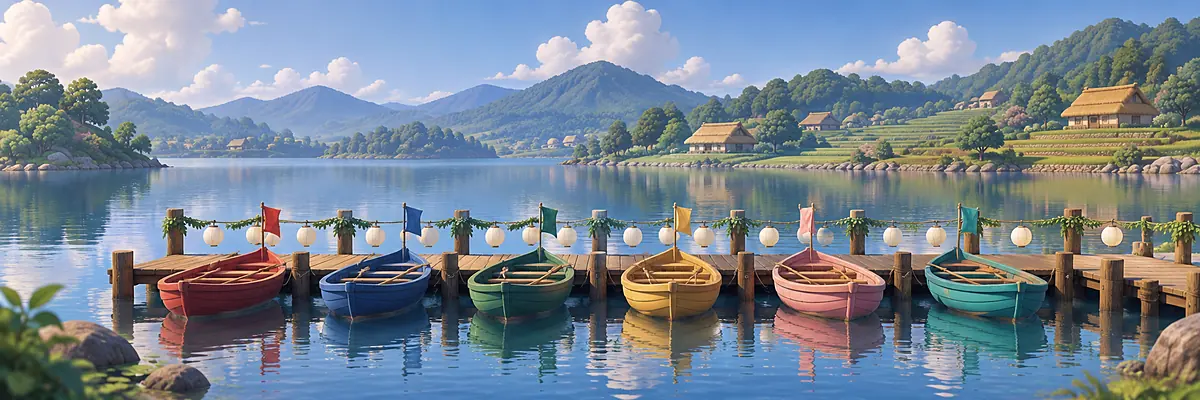 Banner of the Boat Festival: colourful rowing boats at a jetty decorated with flags and lanterns