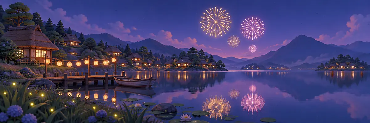 Festival banner for summer: fireworks over the lake at night, lanterns along the shore