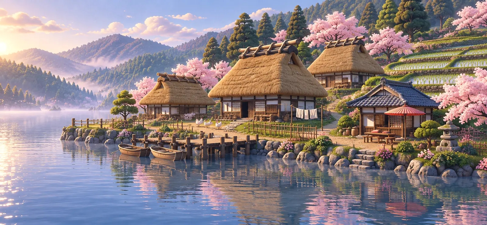 Loading screen of Haru Harbor in spring: thatched houses by a calm lake, cherry trees in bloom, a tea house with a red parasol and rowing boats at the jetty