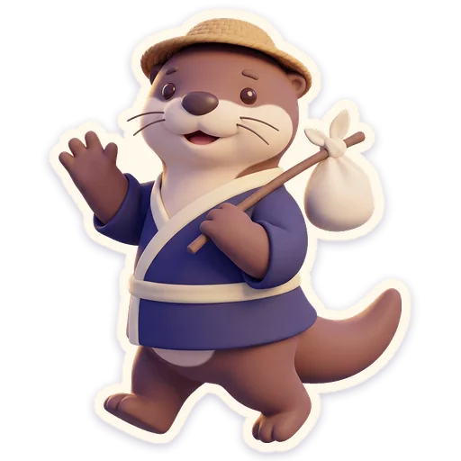 Chat sticker from the game: Kawa the otter waves goodbye with his bundle