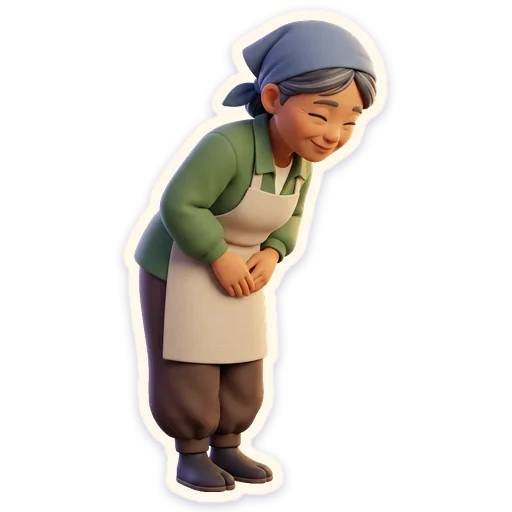 Chat sticker from the game: Fumi the gardener bows to say thank you
