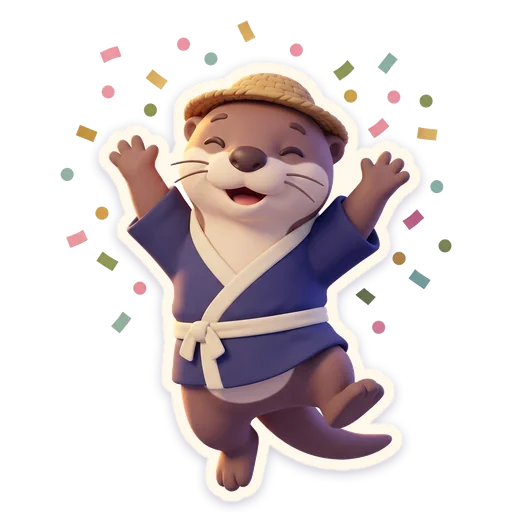 Chat sticker from the game: Kawa the otter celebrates in confetti